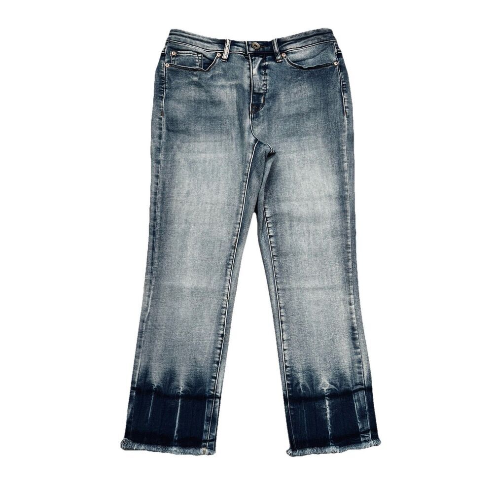 MB Cropped Jeans 6 (28x23) Blue Fray Hem Stretch Denim Mid Rise Womens